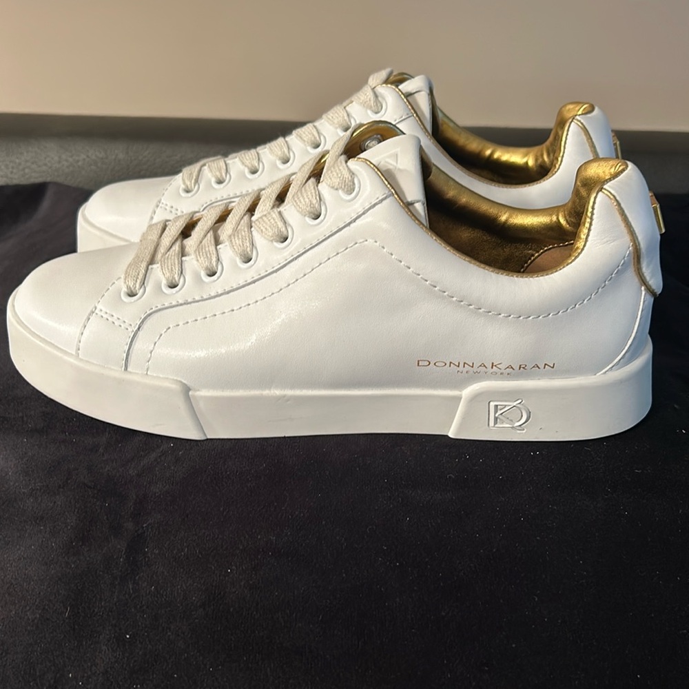 Donna Karan New York Donna White Leather Gold Lace up Sneakers Women's Size 8
